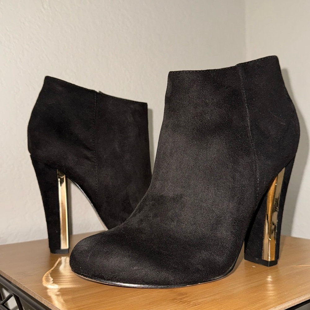 Call it Spring, Black Suede, Gold Accent, Bootie Heels